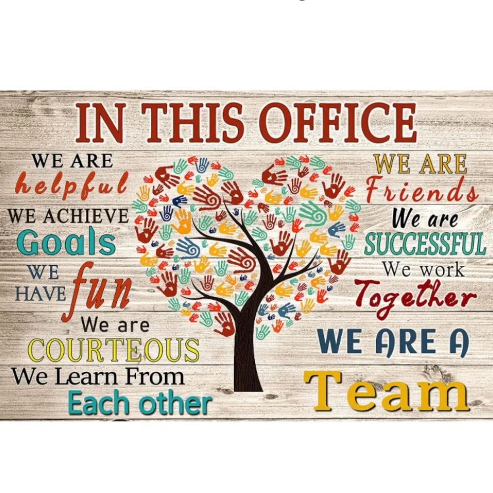 Office artwork with colorful inspirational phrases and handprints around a tree - Picture 5 of 5